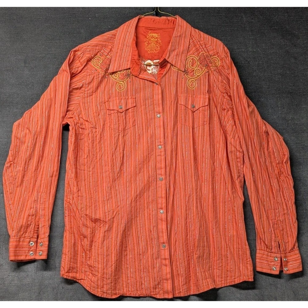 Twenty X Tailored Western Shirt Orange Silver Stripe Embroidered Floral Snap XXL